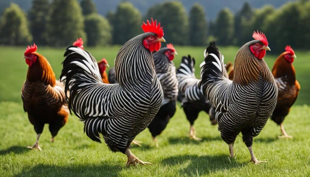 Lakenvelder chickens with their distinct feather pattern Lakenvelder chickens with their distinct feather pattern