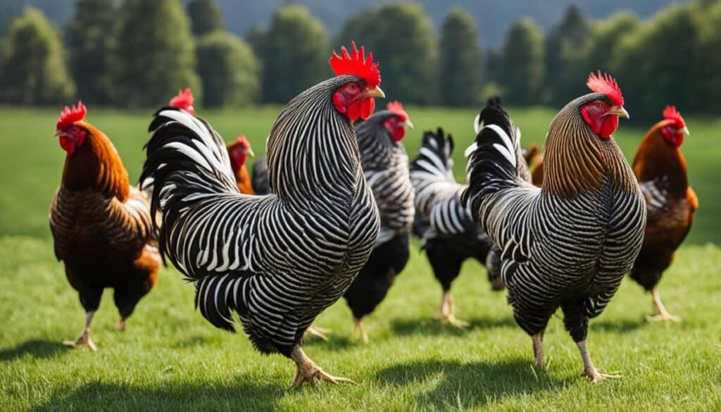 Lakenvelder chickens with their distinct feather pattern