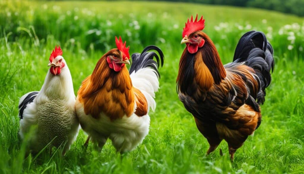 Polish chickens pecking at grass