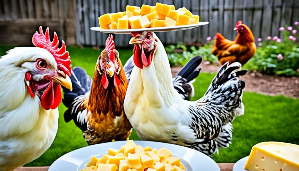 Chickens eating cheese